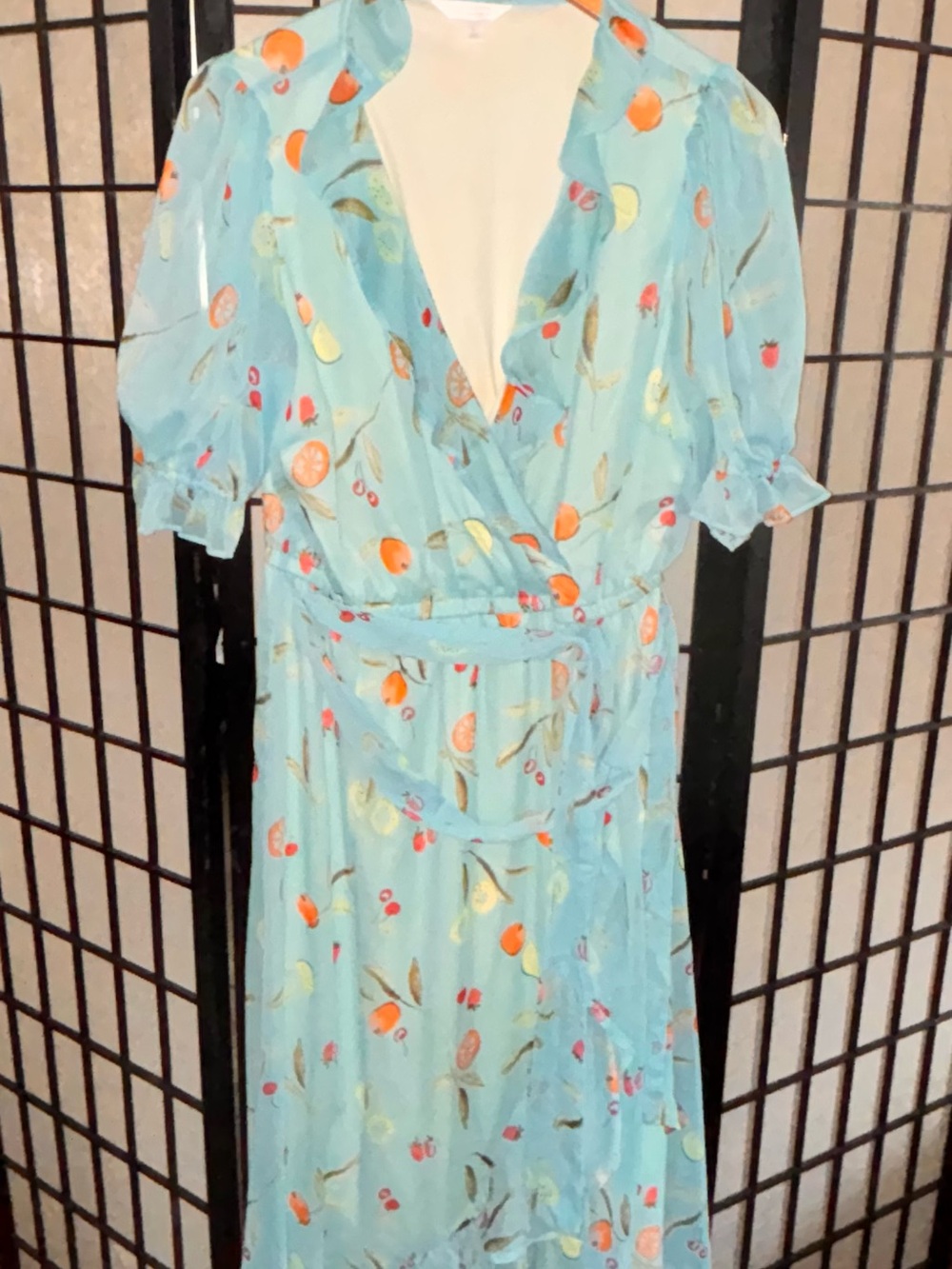 LC Lauren Conrad Light Blue Fruit-Print Wrap Midi Dress